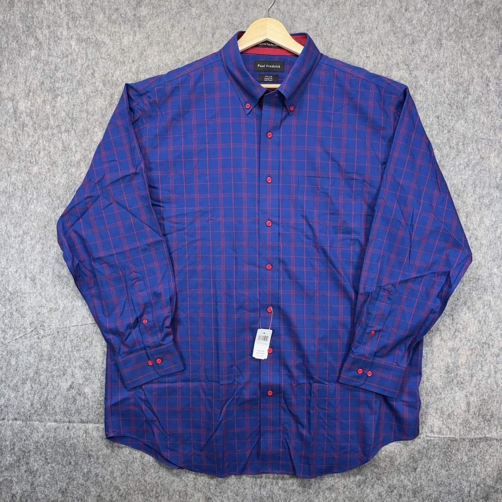 Paul Fredrick Button Down Shirt Men's 17.5x34 Non Iron Classic Blue Plaid New